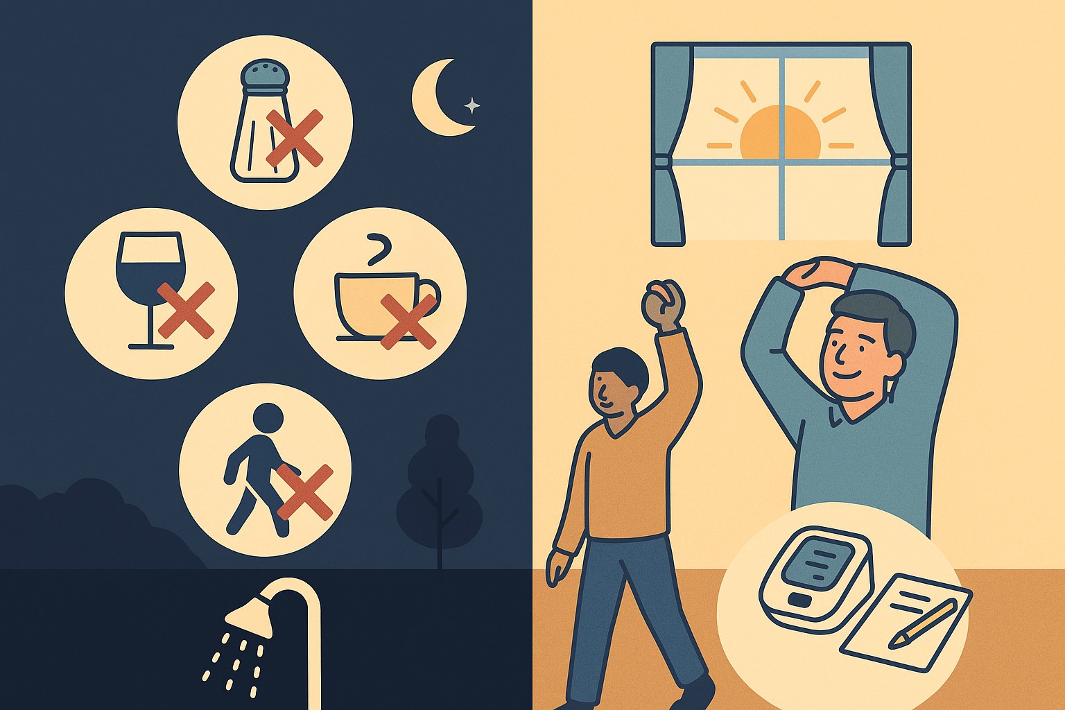 플랫 인포그래픽. 왼쪽에는 저녁 루틴으로 소금·술·카페인 컷오프, 산책, 샤워 아이콘이 표현되어 있고, 오른쪽에는 아침 루틴으로 창가의 햇살, 스트레칭하는 사람, 혈압계와 노트 아이콘이 그려져 있는 모습