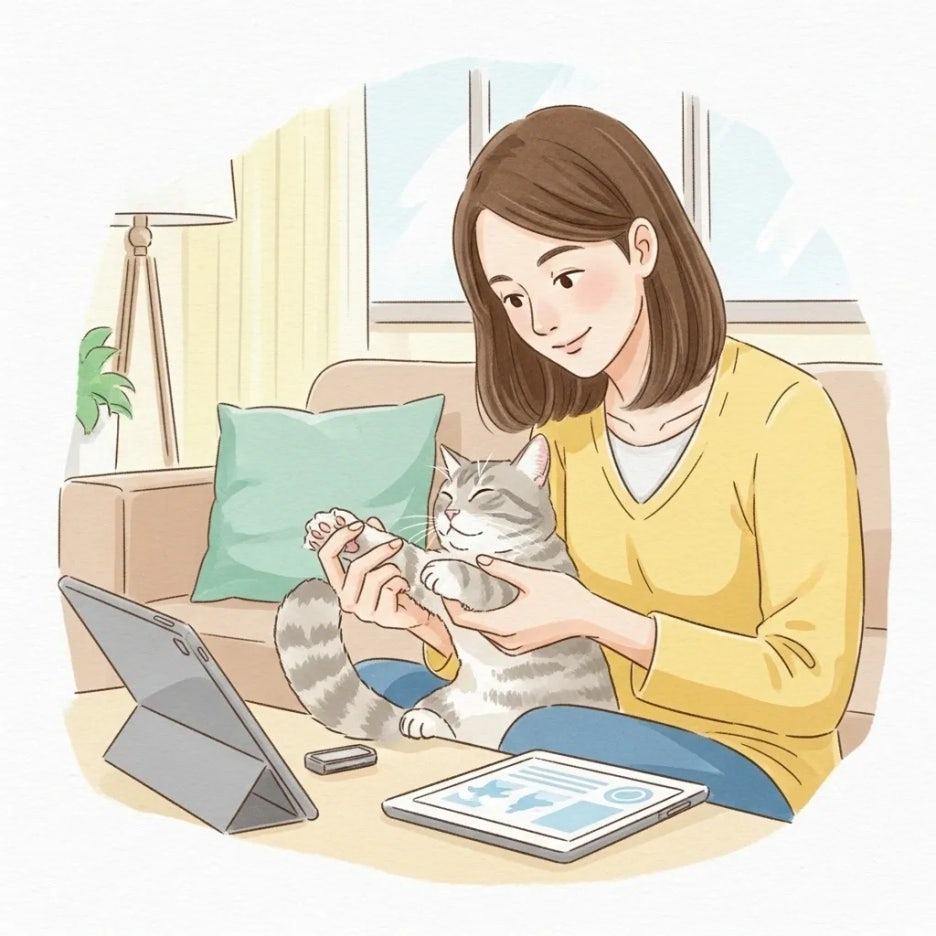 반려동물의 건강을 살피며 정보를 확인하는 사람