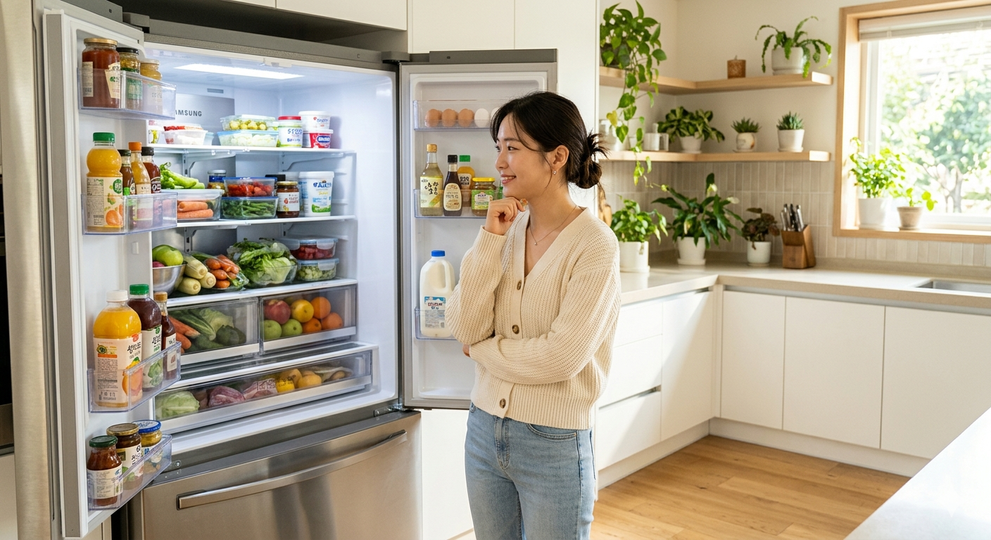 냉장고 앞에 서서 안을 들여다보며 고민하는 사람의 모습