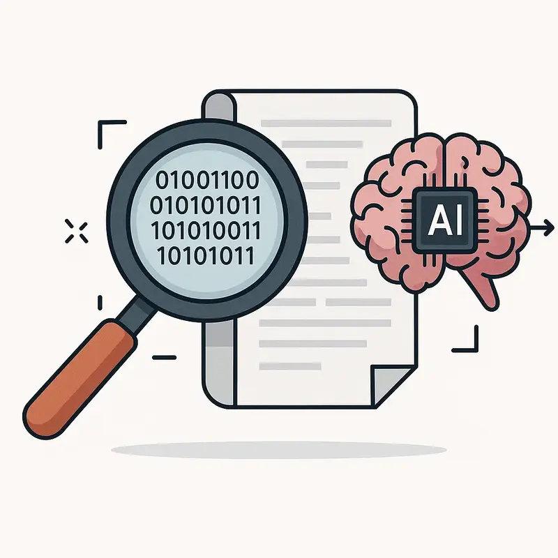이진 코드와 AI 두뇌를 통해 텍스트를 분석하는 AI 감지기 개념 이미지
