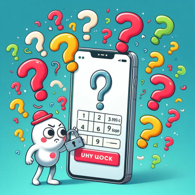 스마트폰 화면에 질문 표시와 함께 또 다른 캐릭터들이 등장해 비밀번호를 맞히려는 모습을 보여주는 이미지입니다.