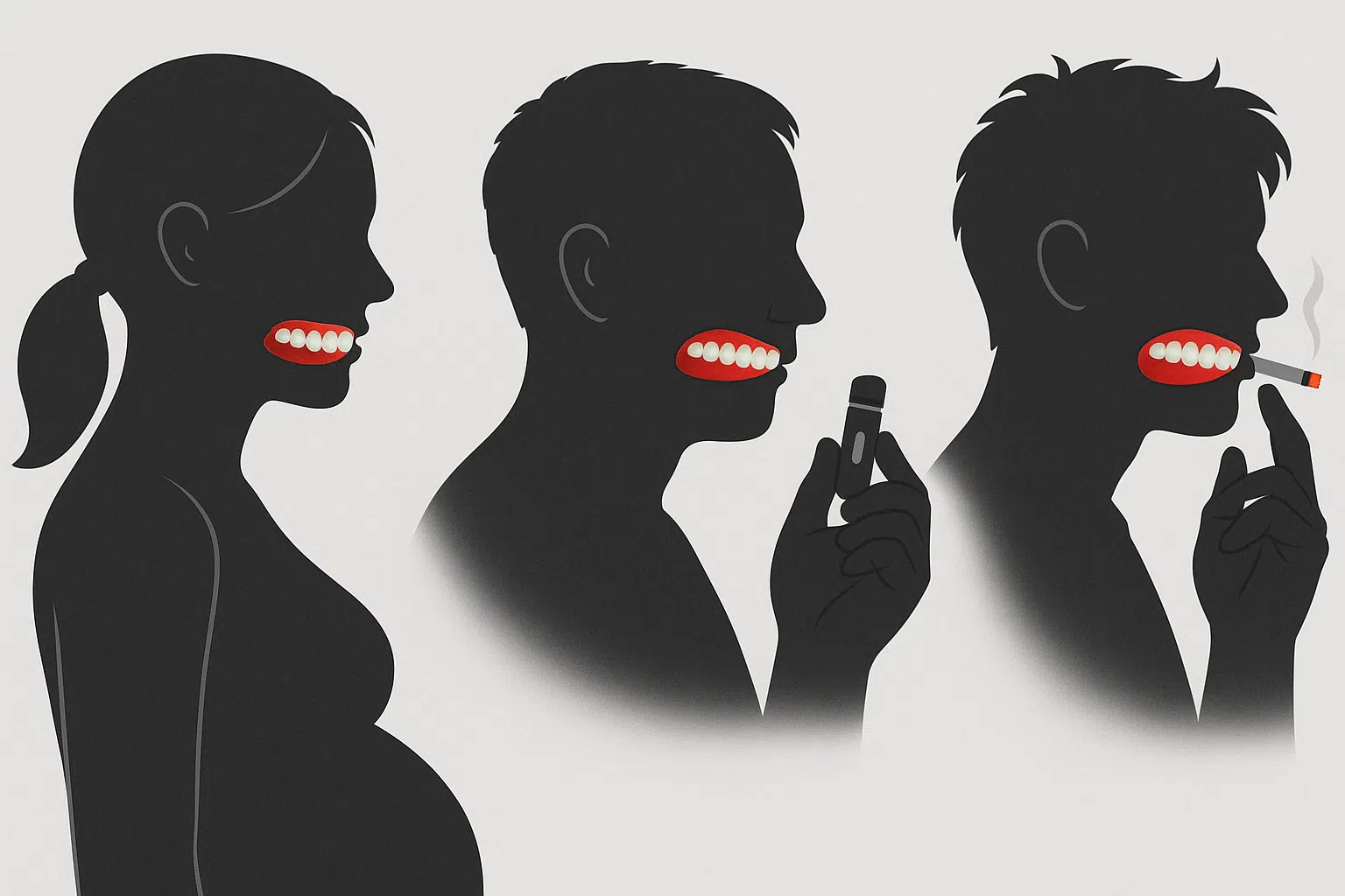 임산부, 당뇨병 환자, 흡연자의 얼굴 실루엣과 붉게 표시된 잇몸