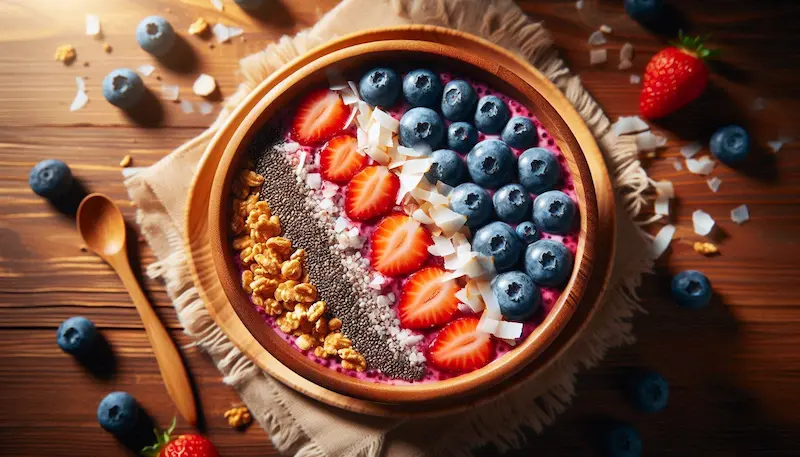 딸기, 블루베리 등 생과일과 견과류 등으로 장식된 화려하고 맛있어 보이는 아사이볼 이미지.