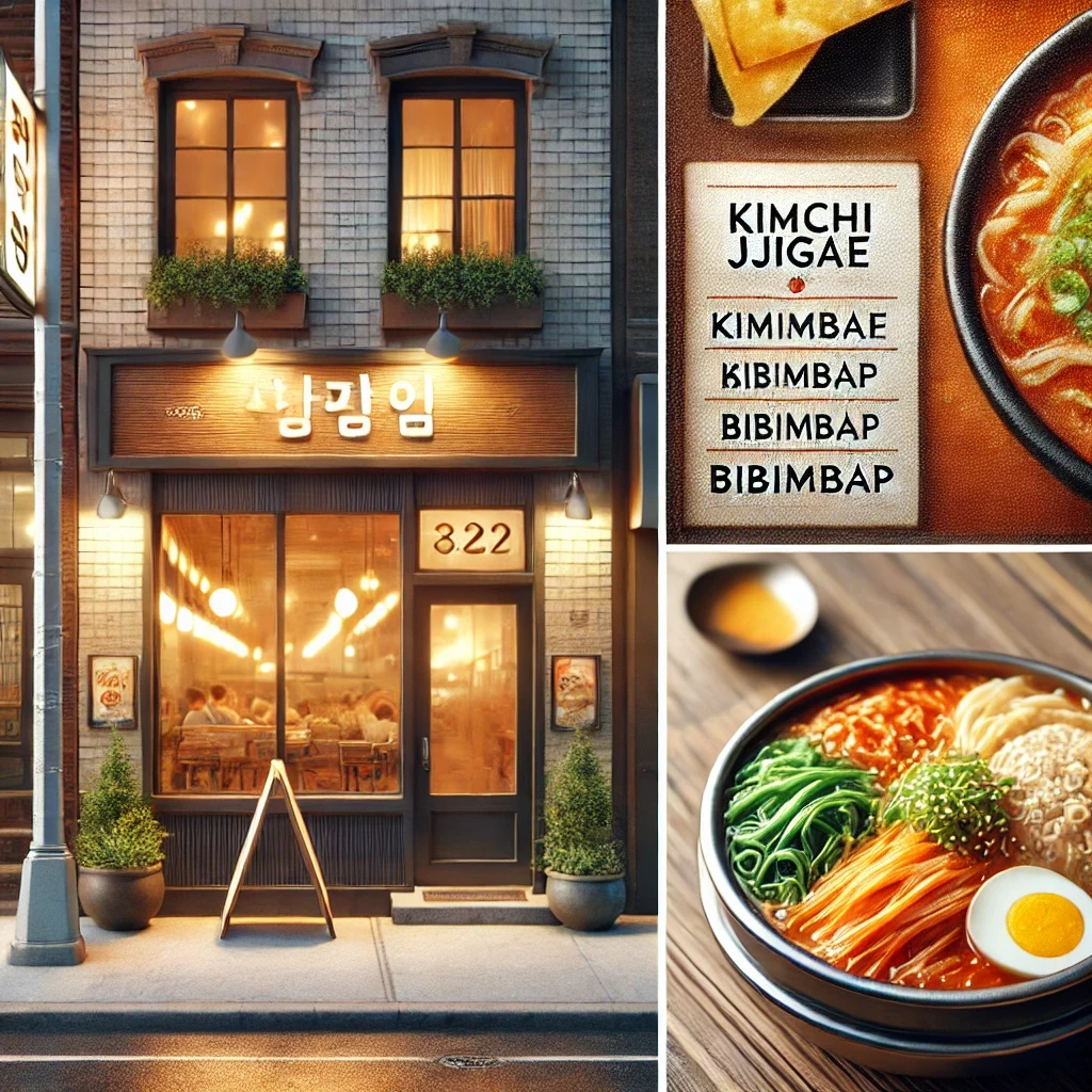 뉴욕 거리 속 따뜻한 한식당 외관과 김치찌개, 비빔밥 등 대표 한식 사진