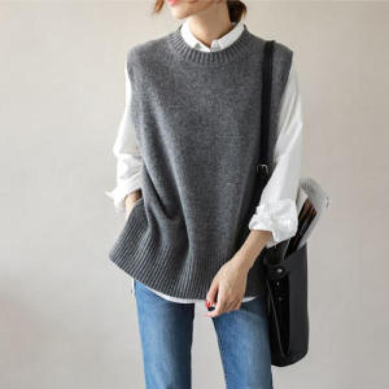 TS 가을 겨울 레이어드 라운드 조끼 옆트임 언발 니트 Y243