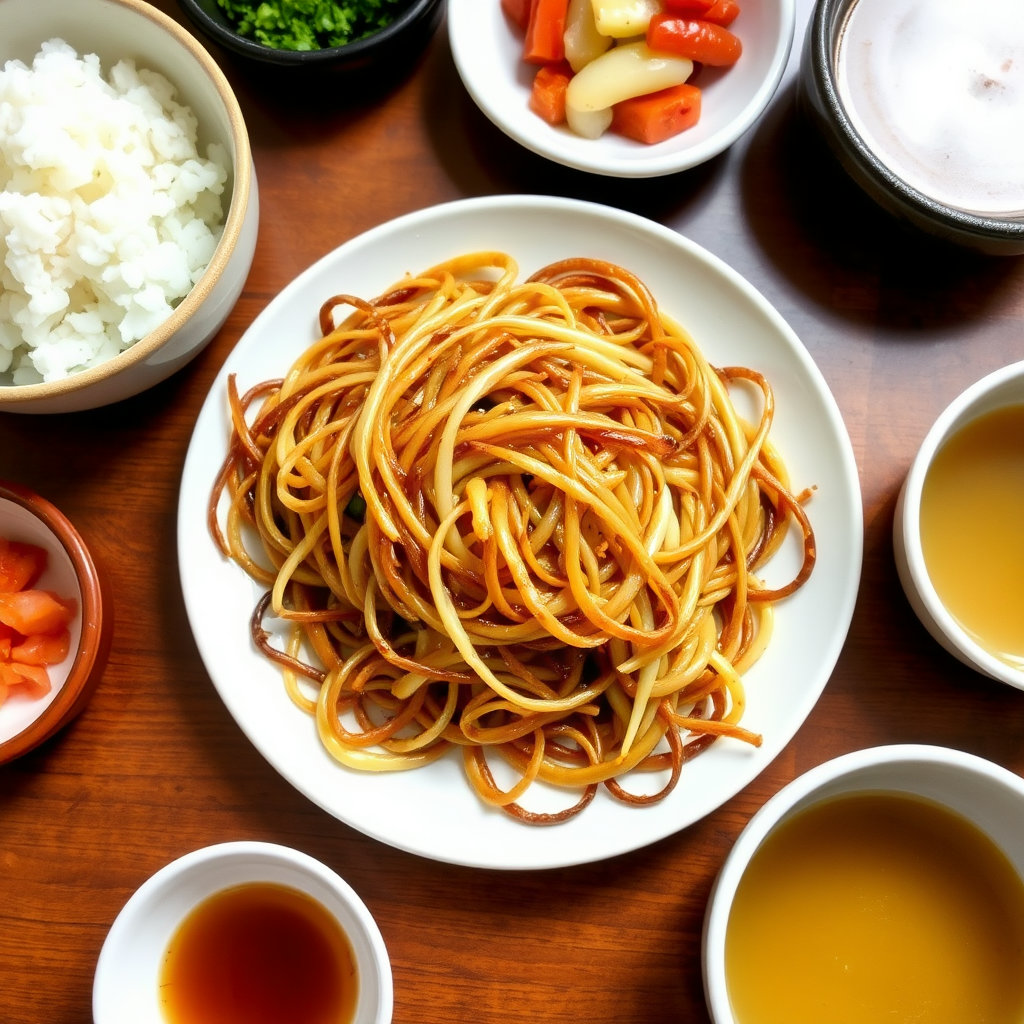 콩나물무침이 담긴 접시를 중심으로, 흰쌀밥과 국 등 간단한 한식 상차림을 함께 구성합니다. 소박하지만 건강하고 맛있는 집밥 분위기를 연출하여, 콩나물무침이 어떤 식사에든 잘 어울리는 반찬임을 보여줍니다.