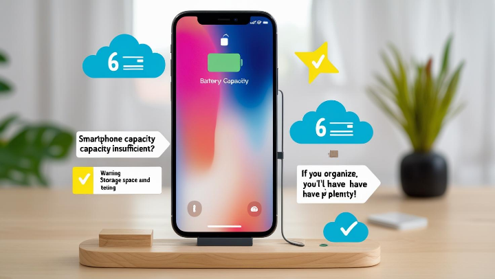 스마트폰 저장공간 부족 경고 화면과 클라우드 아이콘을 활용한 정리 강조 이미지