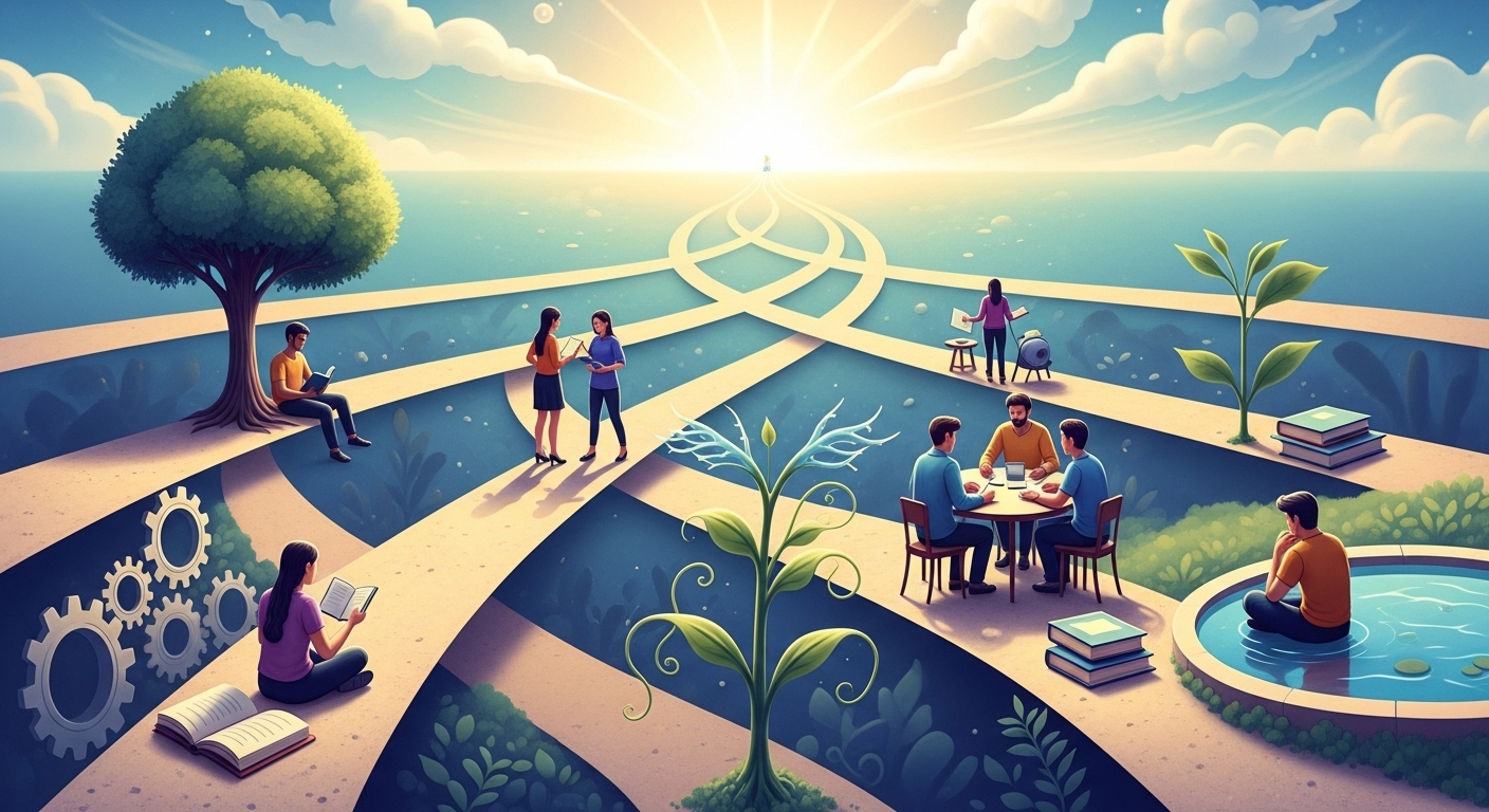 개인의 성장과 소프트 스킬 개발 과정을 상징하는 이미지. 독서, 협업, 성찰 등 다양한 활동을 통해 미래를 준비하는 사람들의 모습을 담고 있습니다.