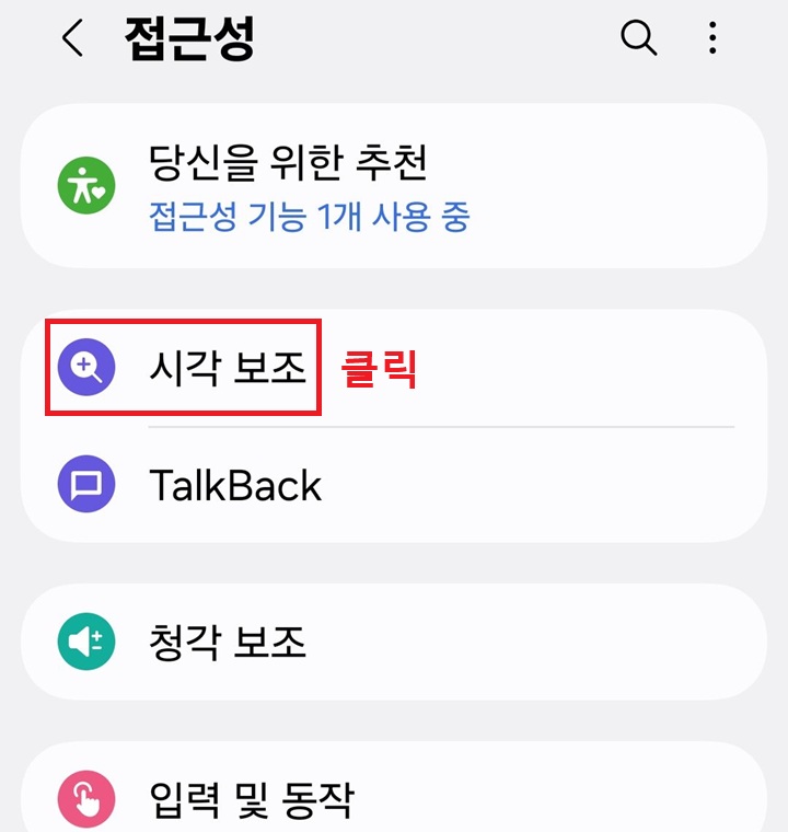접근성 페이지 상단에 시각 보조 메뉴 보임