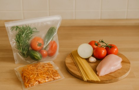 밀키트 재료와 직접 요리용 재료를 나란히 배치한 이미지