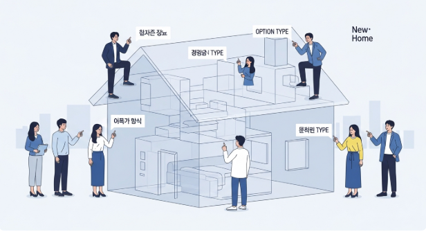 투명한 3D 주택 모델 주변에서 나눔형, 선택형, 일반형 등 뉴홈의 다양한 유형을 탐색하는 젊은 한국인들의 모습이 인포그래픽처럼 표현되어 있습니다.