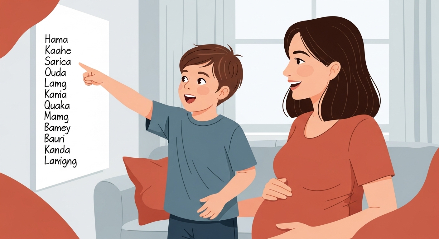 첫째 아이가 신나게 둘째 태명 후보를 고르는 모습.