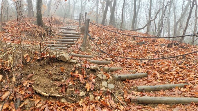 안개낀 급경사 오르막 계단길