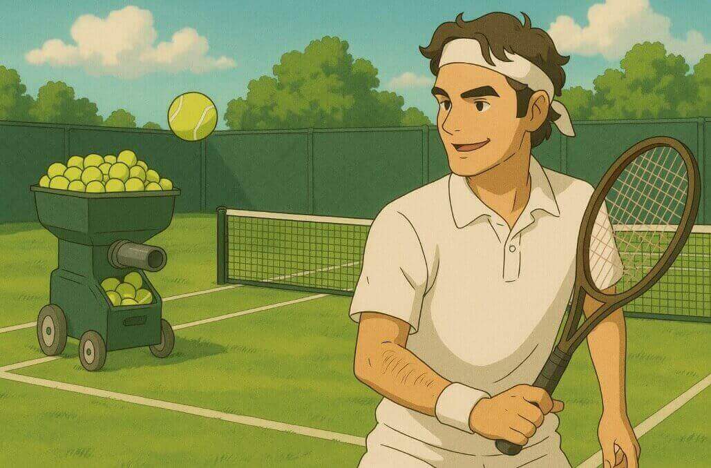 테니스 볼 머신과 함께 운동하는 페더러의 지브리 스타일 그림