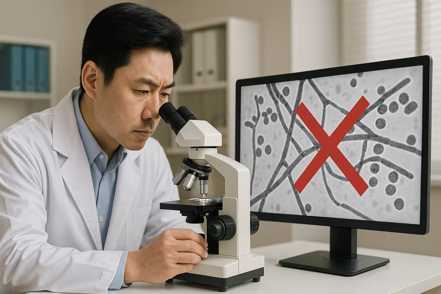 의사가 현미경(KOH 검사)으로 피부 표본을 확인하는 장면, 모니터에 곰팡이 구조와 ‘X’ 표시