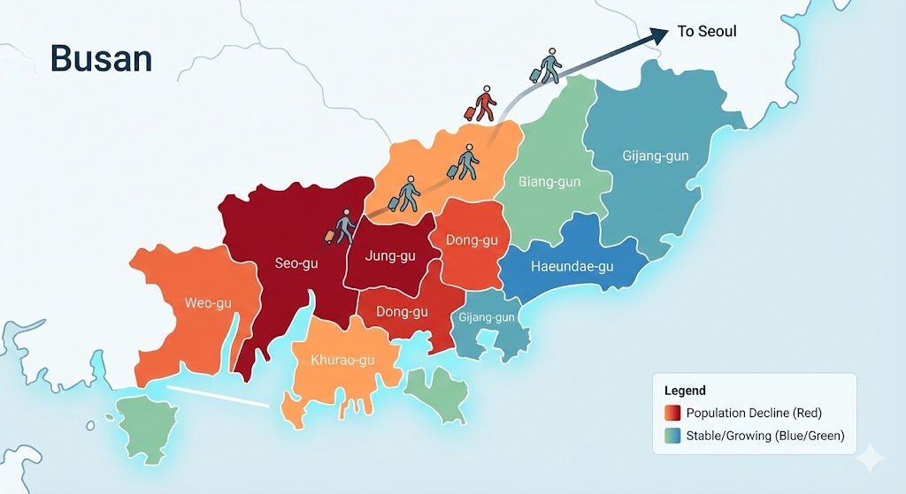 부산 지역별 인구 소멸 위험 지도 인포그래픽, 원도심과 동부산의 격차 시각화