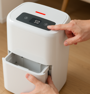 제습기 물통을 비운 후 전면 버튼을 누르는 장면