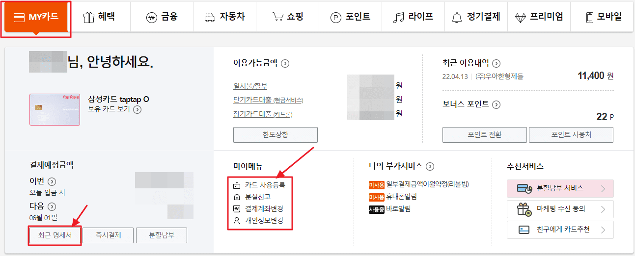 삼성카드 내 카드 명세서 조회