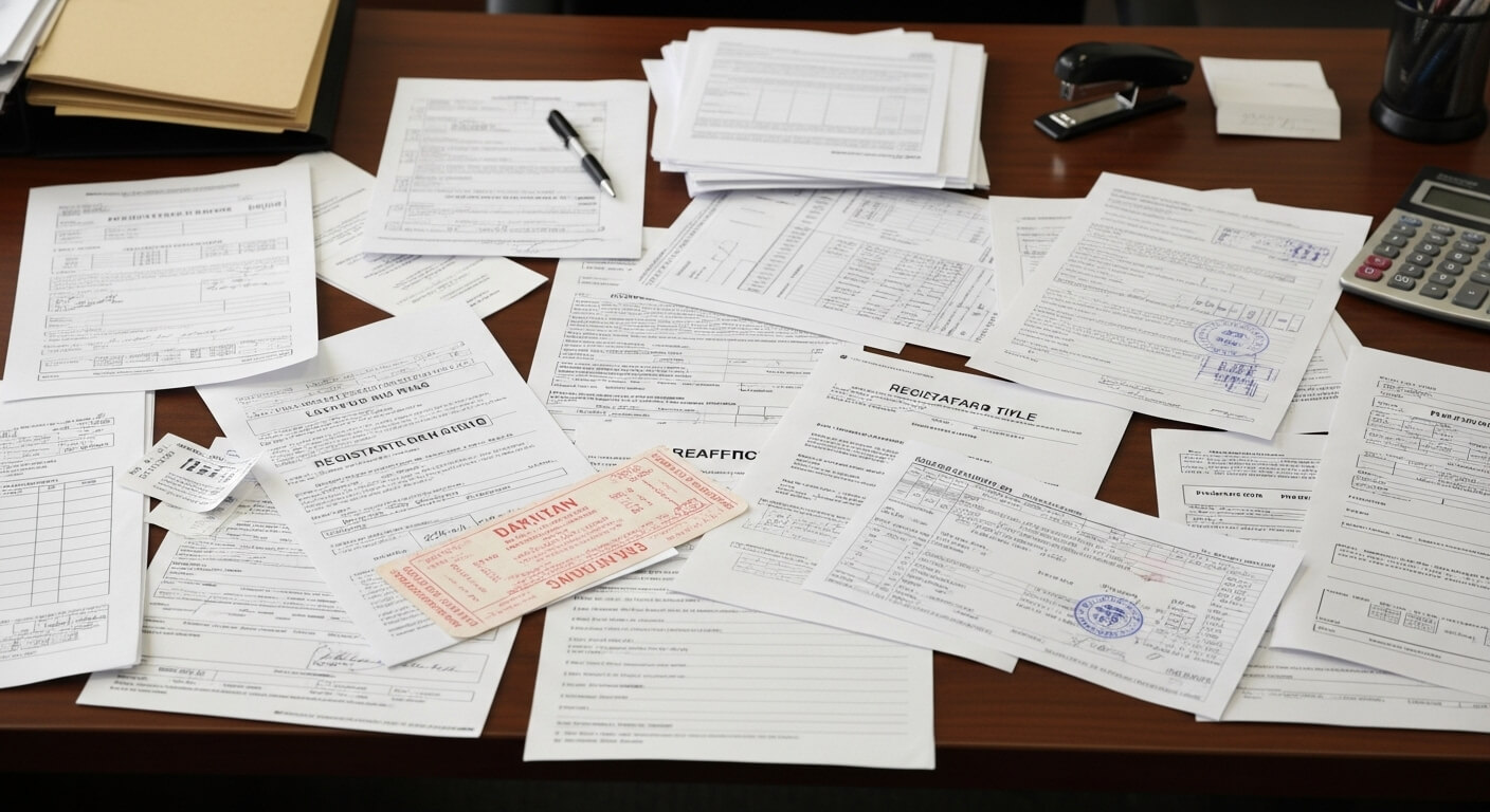 계산기와 문서가 놓인 책상 위 행정서류 더미