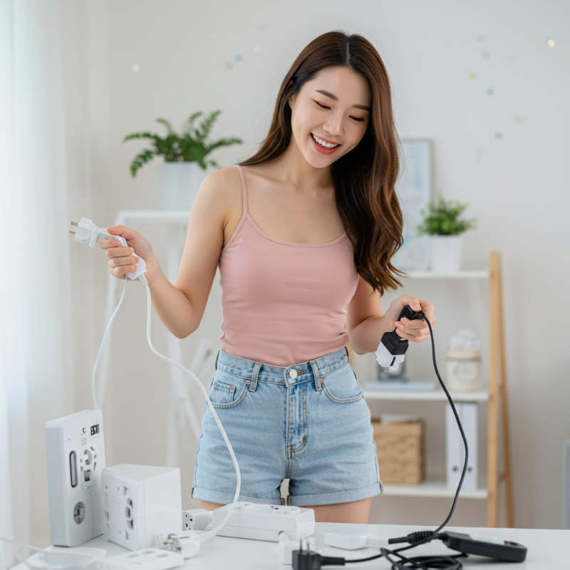 밝은 실내에서 젊은 여성이 전기 코드와 멀티탭을 정리하며 안전한 전기 사용과 에너지 절약 방법을 실천하는 모습.