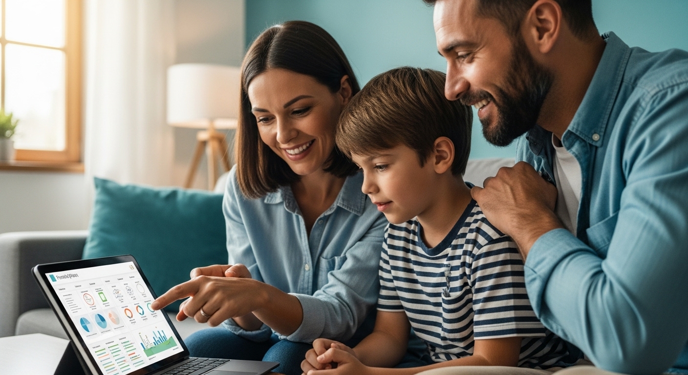 온 가족이 모여 앉아 학자금 저축 계획을 세우는 모습