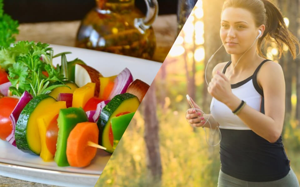 채소로 이뤄진 꼬치와 음악을 들으며 달리는 여자사진