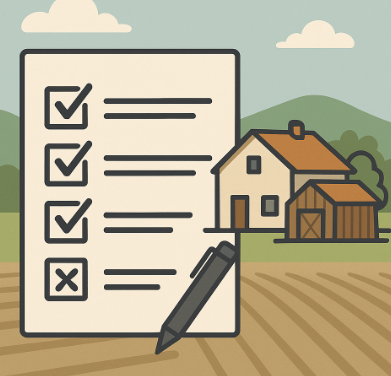 전원 마을 배경 속 체크리스트와 펜이 놓여 있고, 뒤편에 장기임대형 농가주택이 보이는 일러스트