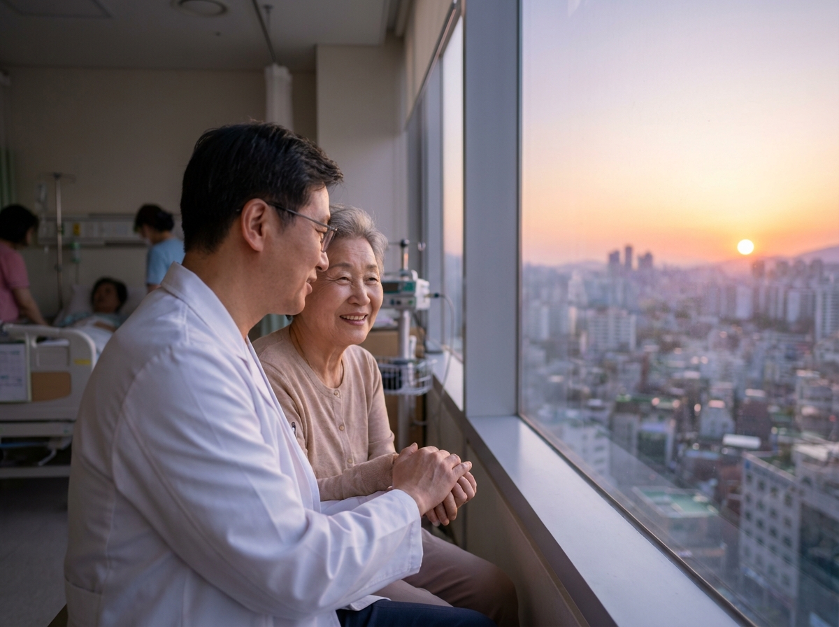 밝게 웃는 중증 질환 환자와 따뜻한 표정으로 격려하는 의사가 손을 잡은 모습.