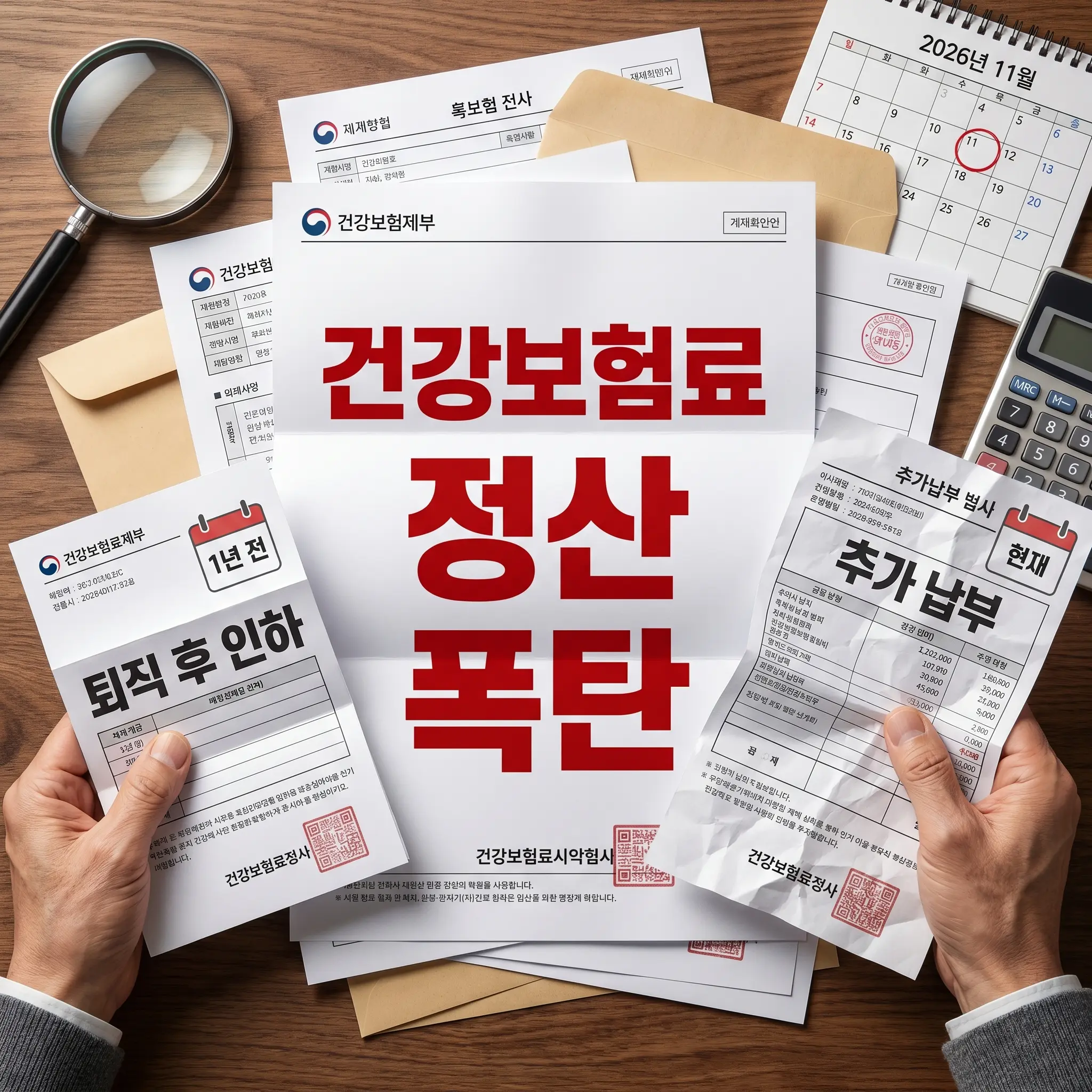 2026년 11월 달력과 건강보험료 고지서가 놓인 책상 이미지. 한쪽 손에는 '1년 전 퇴직 후 인하'라고 적힌 서류를, 다른 쪽 손에는 '현재 추가 납부'라고 적힌 구겨진 고지서를 들고 있어 소득정산제도로 인한 추가 징수 상황을 묘사함. 중앙에는 '건강보험료 정산 폭탄'이라는 붉은색 글자가 강조되어 있으며, 주변에 계산기와 돋보기가 놓여 있어 정밀한 소득 확인의 중요성을 암시함.