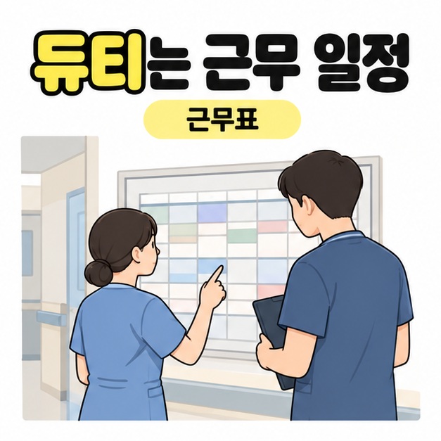 듀티는 근무 일정과 근무표라는 문구 아래 간호복을 입은 두 사람이 게시판의 근무표를 살펴보는 그림