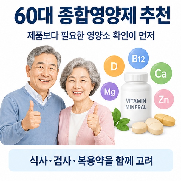 60대 종합영양제 추천이라는 제목과 비타민 B12 비타민 D 칼슘이 표시된 영양제, 채소 생선 유제품을 함께 표현한 대표 이미지