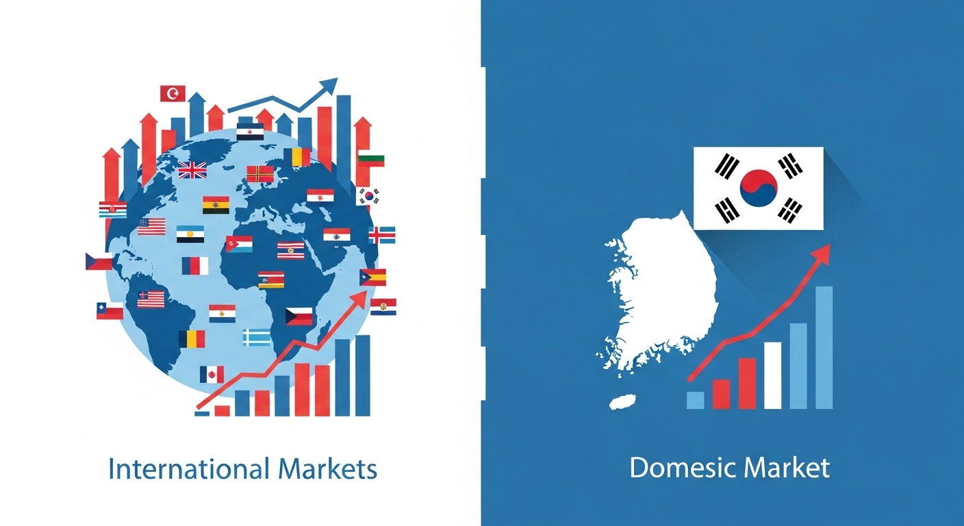 전 세계 지도와 다양한 국가의 그래프, 그리고 한국 국기와 국내 시장 그래프를 대비하여 국내 및 해외 ETF 시장의 특징을 시각적으로 비교하는 이미지.