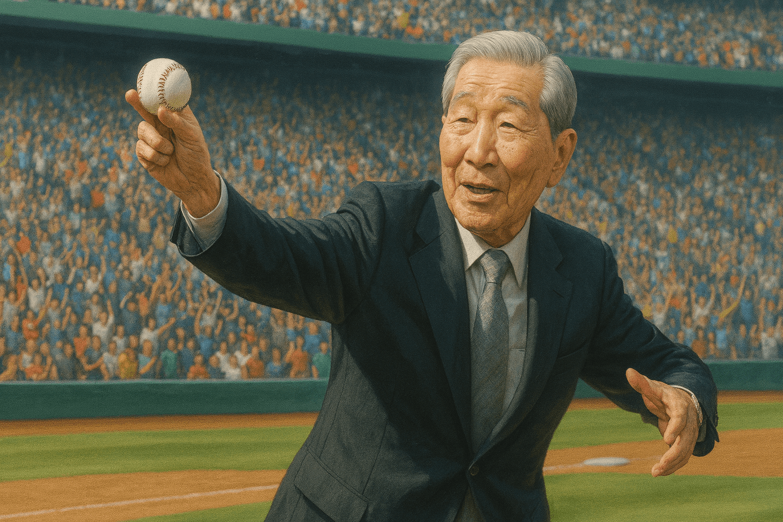 한국인 야구 총재가 시구하는 모습