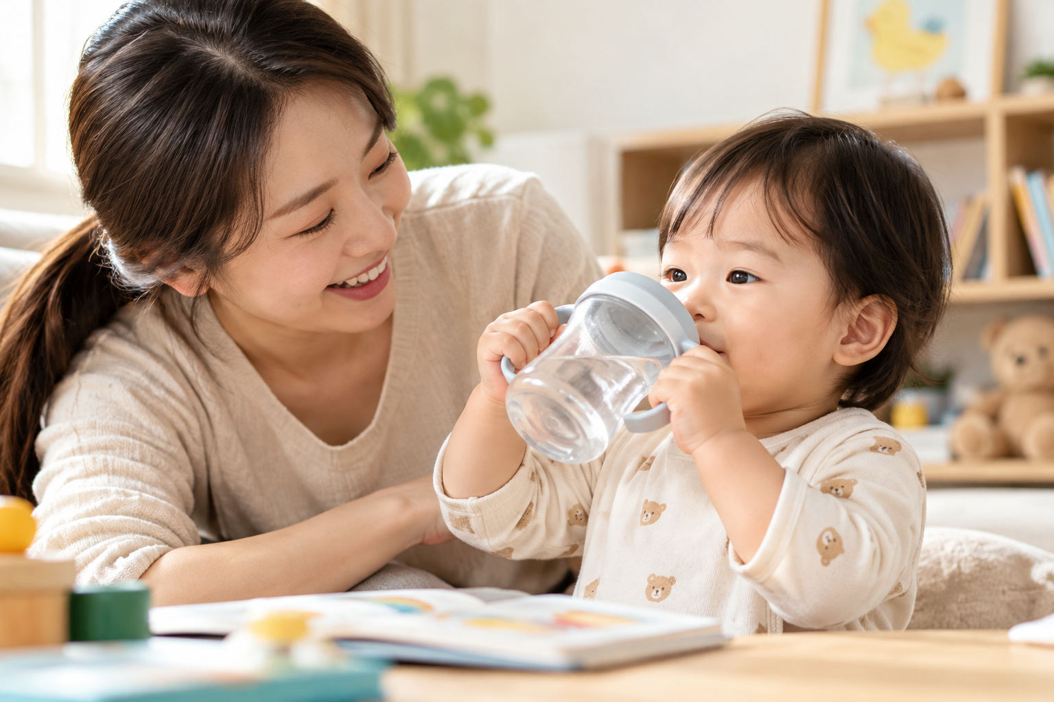 엄마와 아기의 따뜻한 물 마시기 시간