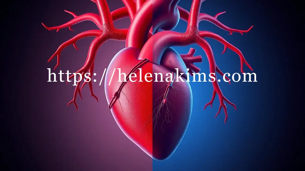 인간 심장 주변을 감싸는 관상동맥의 대비적인 시각화. 이미지의 왼쪽은 혈전으로 좁아지고 막혀 붉고 거칠게 표현된 관상동맥을 보여주며, 오른쪽은 깨끗하고 넓게 확장되어 혈류가 원활하게 흐르는 푸른빛 관상동맥을 보여준 이미지.