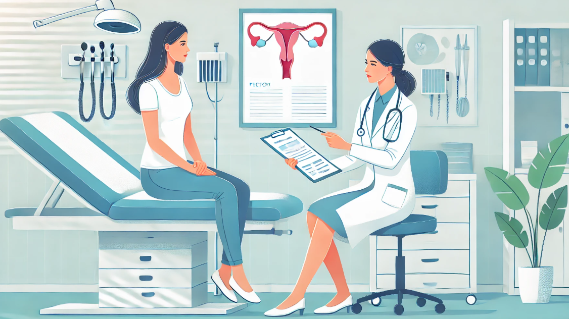 여성이 산부인과 진료중 상담하고 있는 사진