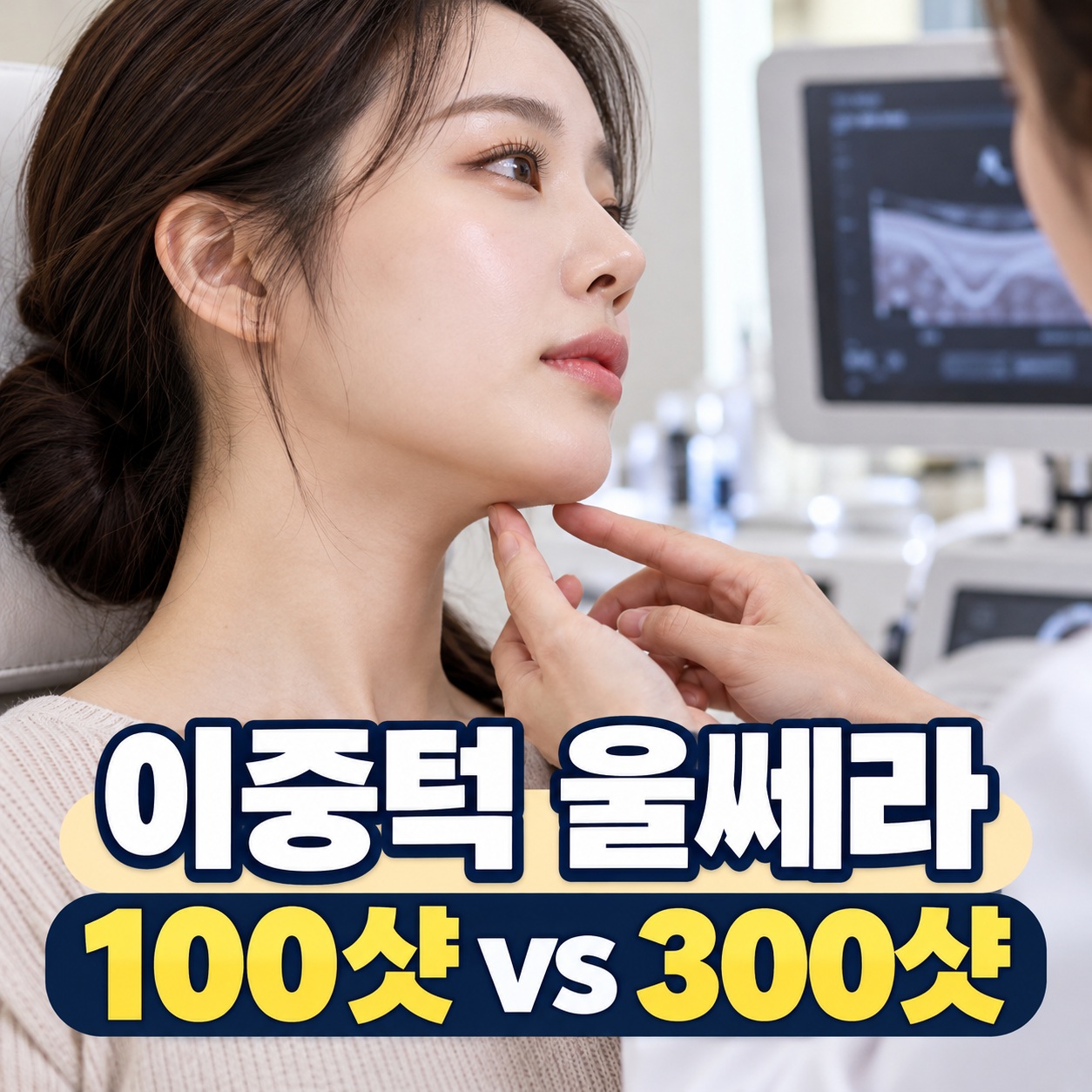 피부과 상담 중 턱 아래 피부를 확인하는 여성과 이중턱 울쎄라 100샷 대 300샷이라는 제목