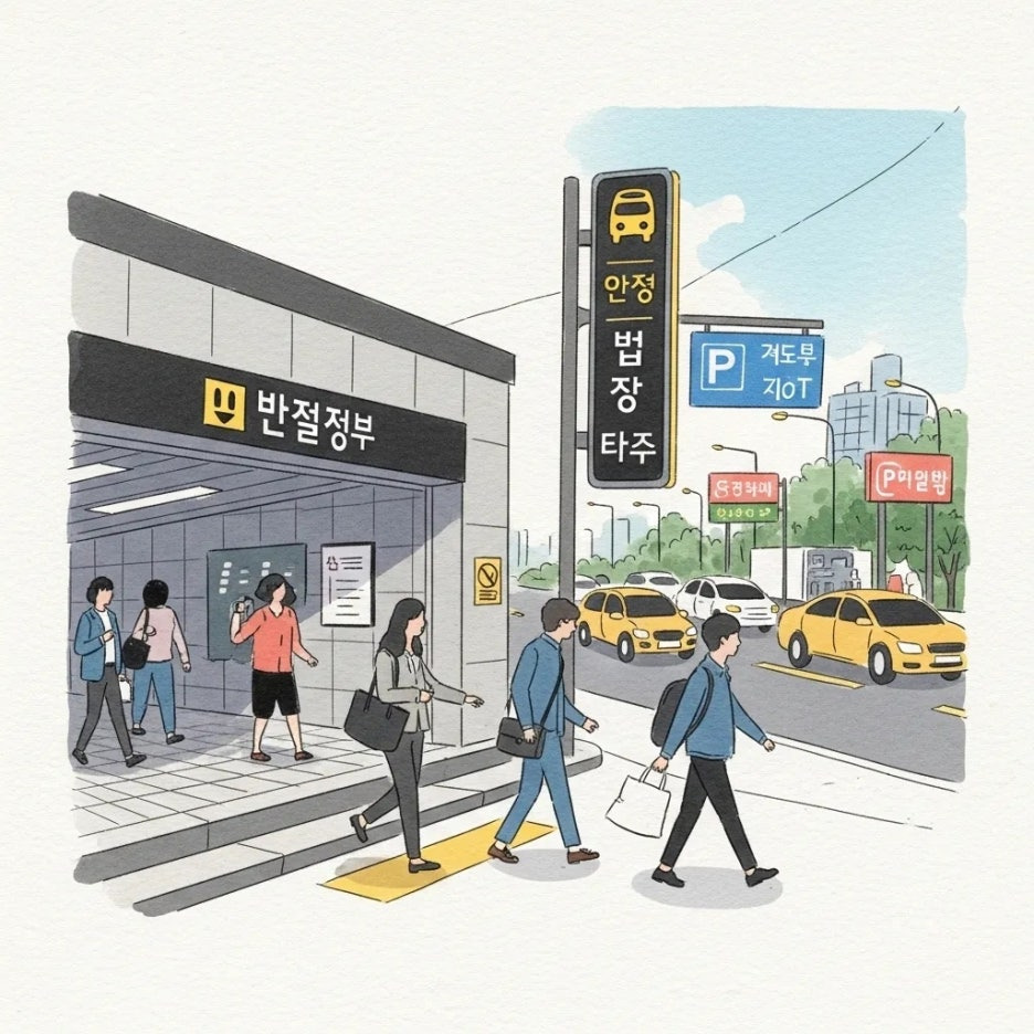 지하철역과 인근 주차장 풍경이 어우러진 그림