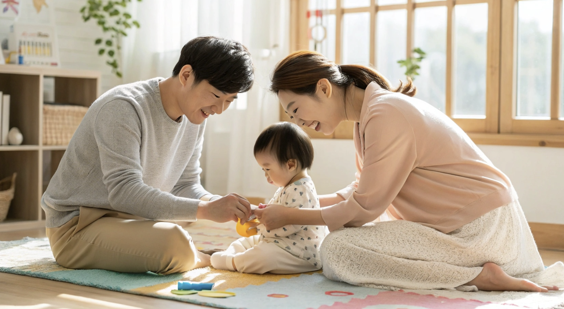 신생아와 놀아주는 부모 모습