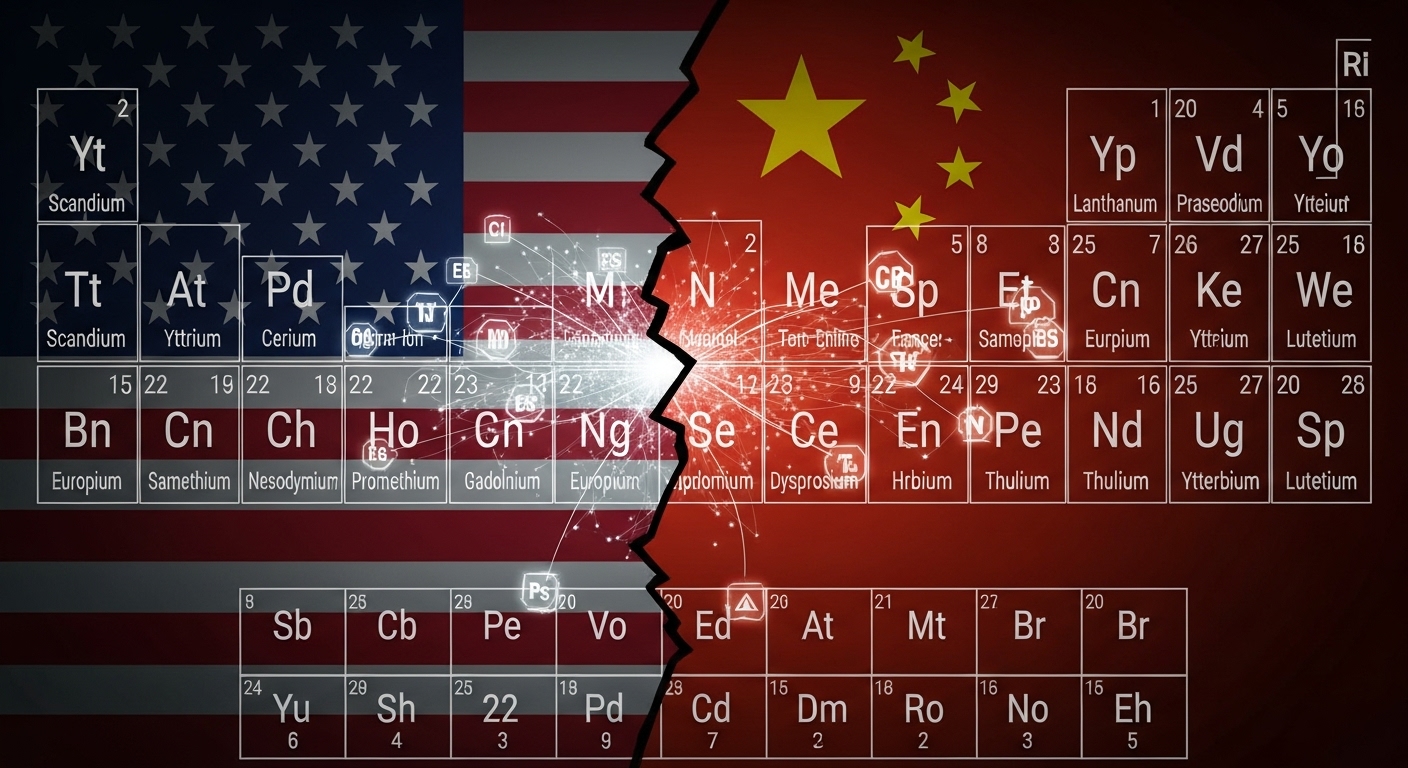 중국과 미국 국기를 배경으로 희토류 원소 주기율표가 보이는 모습