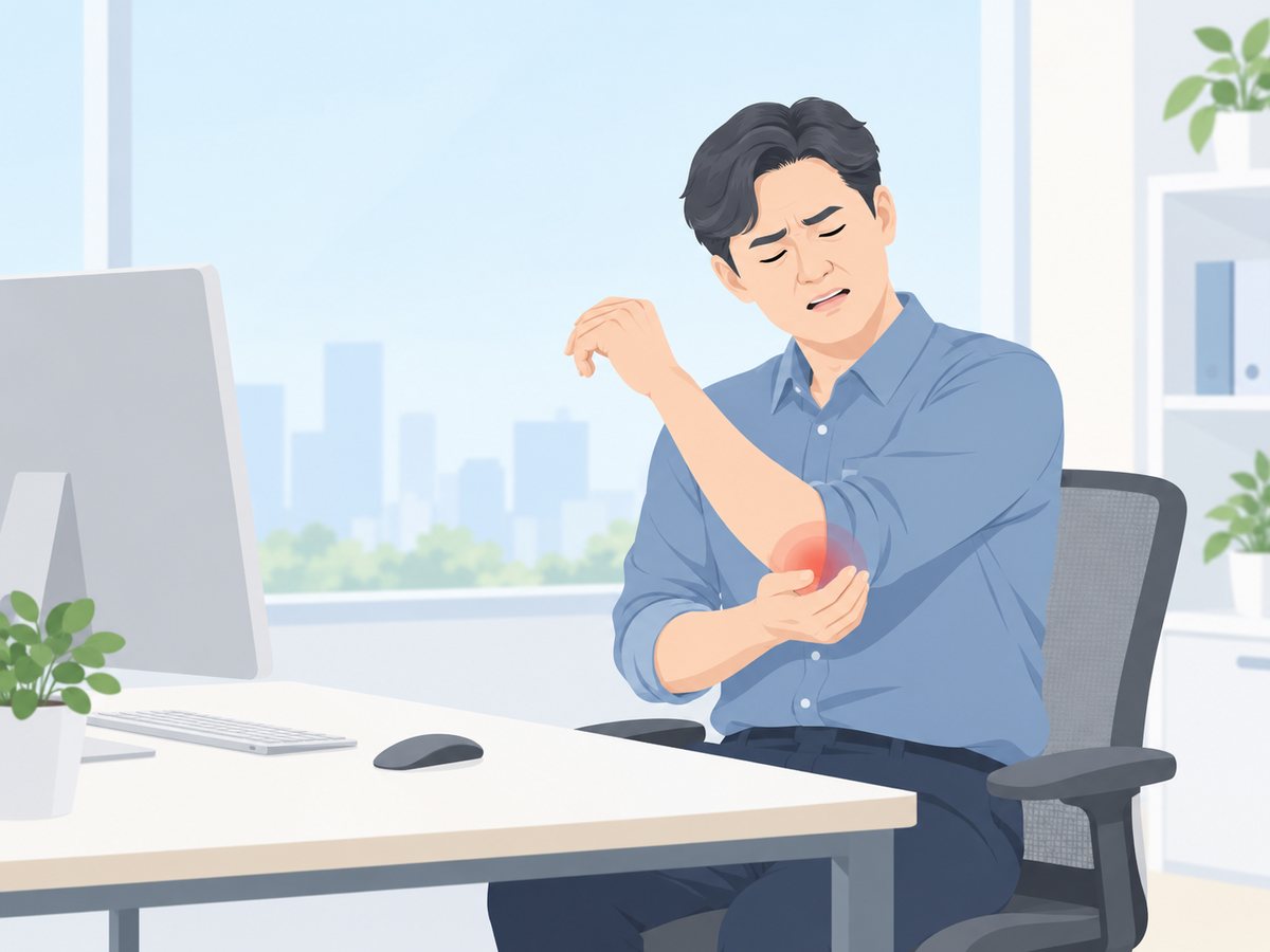 책상에서 마우스를 쓰다 팔꿈치 바깥쪽을 짚는 남성, 팔꿈치 바깥쪽 통증 표시