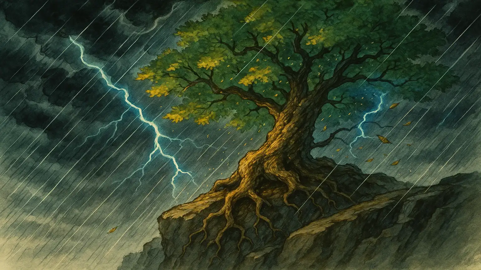 거센 비바람 속에서도 부러지지 않고 굳건히 서 있는 나무 이미지. 외부의 압박과 시련 속에서도 자신의 권리를 꿋꿋이 지켜내는 모습을 상징