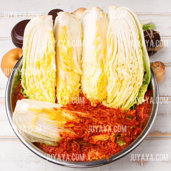 김장 재료와 양념이 함께 담긴 배추 - 노란 속이 드러난 배추와 양념 재료들이 큰 스테인리스 대야에 담겨 있는 모습.