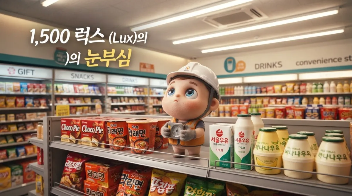 편의점 천장 LED 조명 아래에서 작은 미니미 캐릭터가 안전모를 쓰고 높은 조도를 측정하는 모습의 시네마틱 미니어처 합성 일러스트