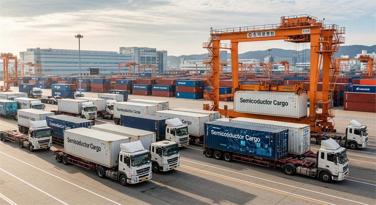  반도체 물류 이동이 이루어지는 터미널 전경 장면 