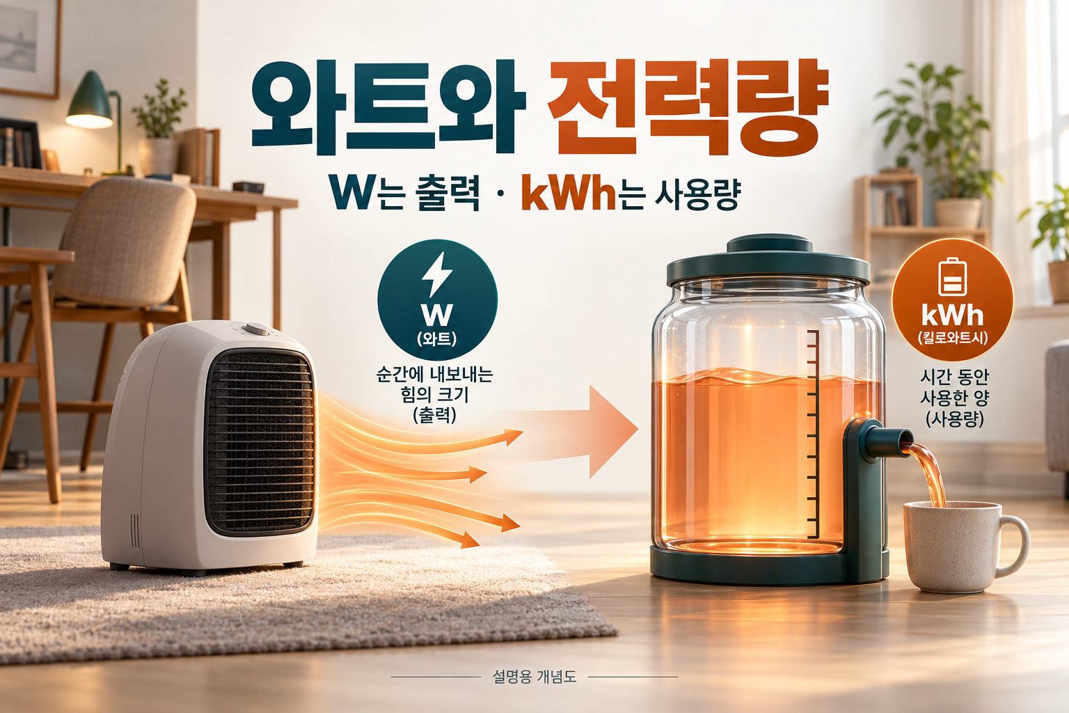 W는 소비전력 kWh는 사용량이라는 단위 차이 도식
