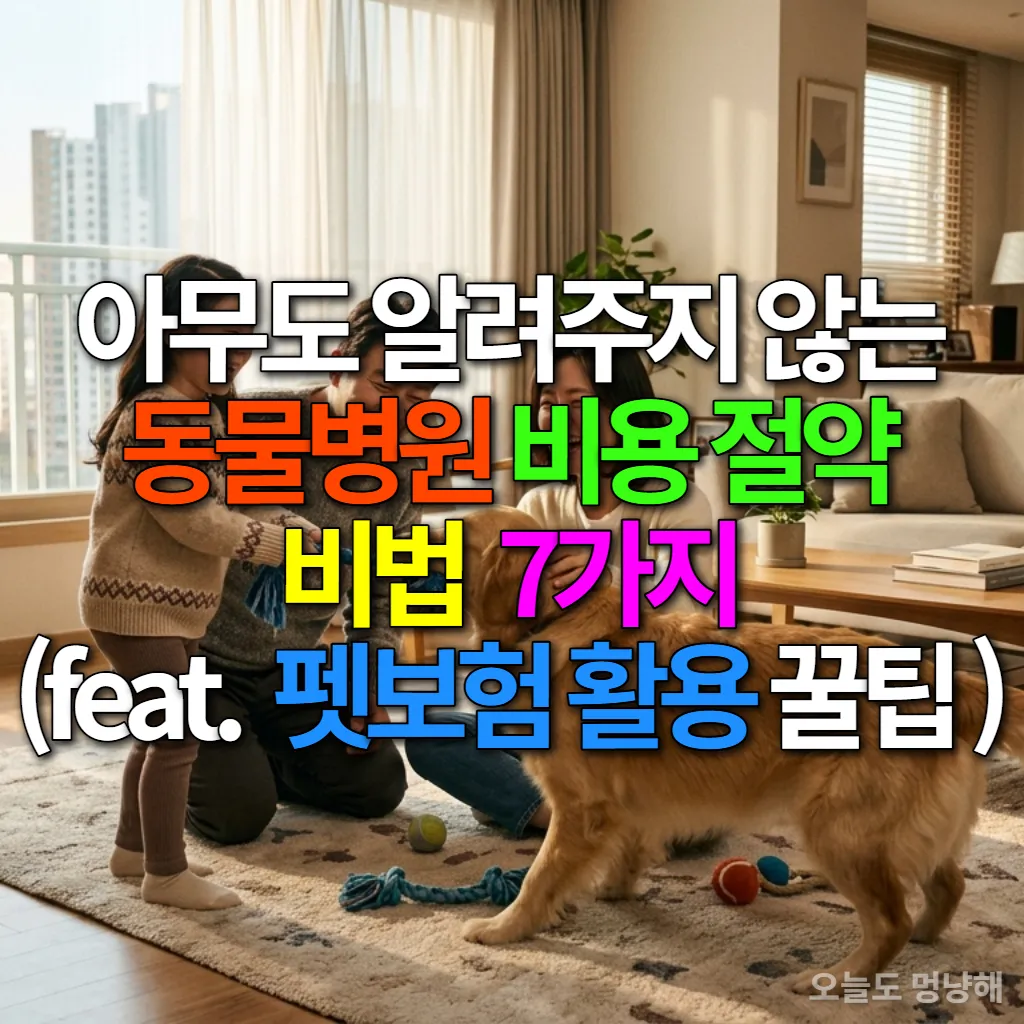 한국인 가족이 거실에서 건강한 반려견과 행복하게 놀고 있는 모습