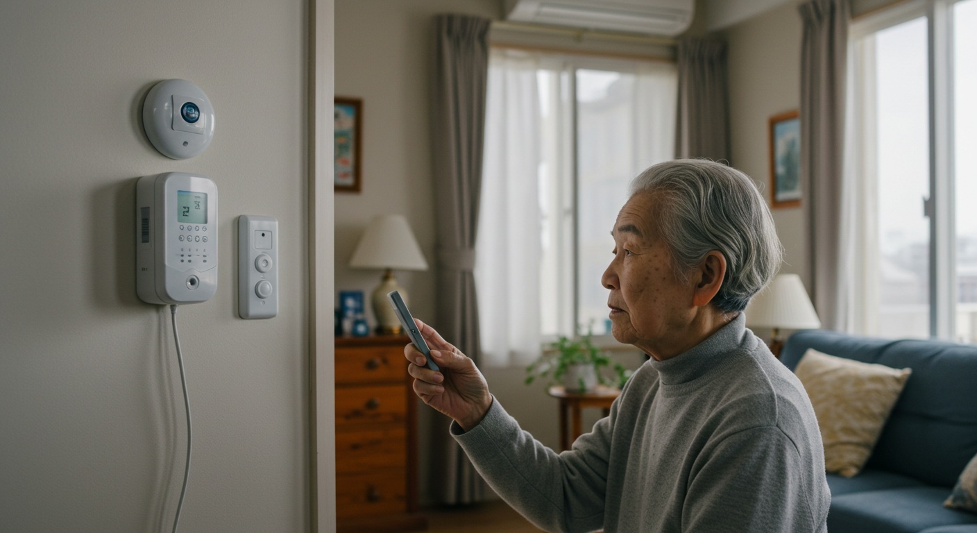 활동 감지 센서가 설치된 노인 가정 내부 모습, 응급 호출기를 착용한 노인 모습
