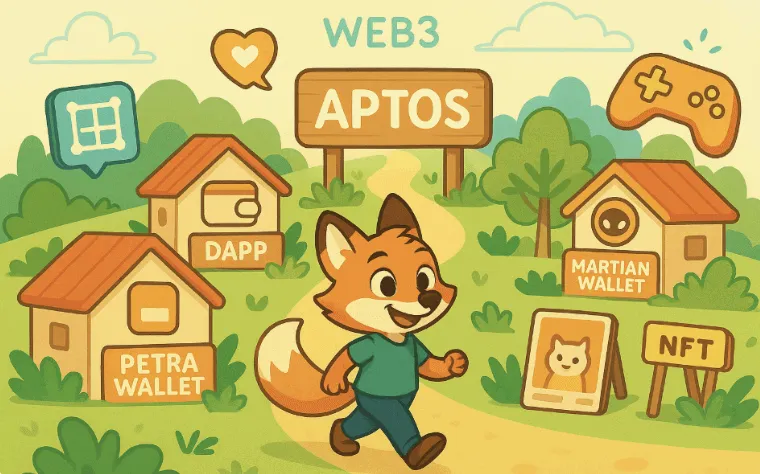 Aptos 생태계를 Web3 마을로 표현한 일러스트 이미지. 여우 캐릭터가 Petra Wallet, Martian Wallet, DApp, NFT 등으로 구성된 마을을 산책하며 Aptos 블록체인의 다양한 실사용 프로젝트를 탐색하는 모습을 시각적으로 보여줌 (aptos ecosystem, aptos wallet, nft, web3 dapps)