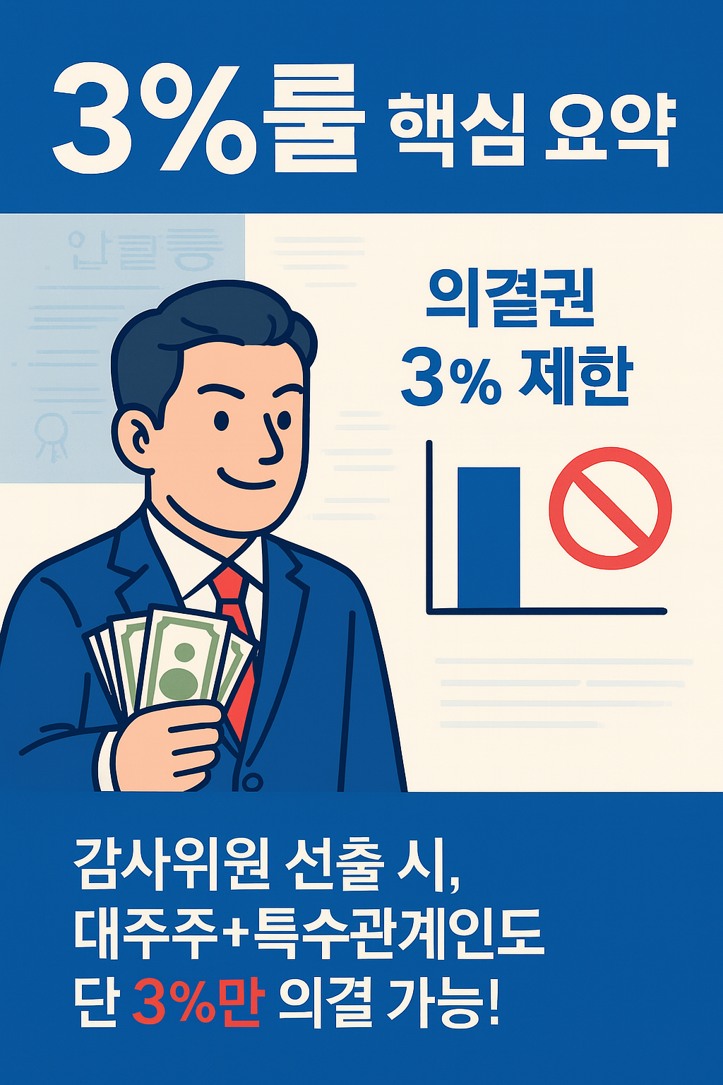 상법개정 3%룰을 시각적으로 설명하는 카드뉴스. 대주주의 의결권이 3%로 제한되는 개념을 간단한 일러스트와 요약 문장으로 구성